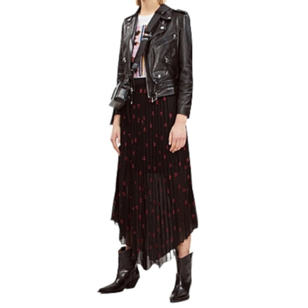 Maje Designer Embroidered Skirt Black Jengo Red and Pink Heart Midi New Size XL - Picture 2 of 6